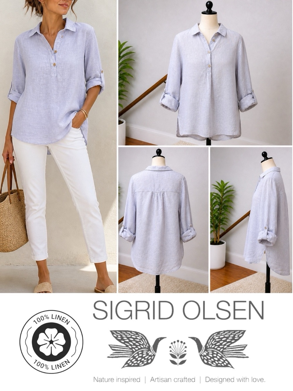Sigrid Olsen | NWOT 100% Linen Light Blue Button-Front Coastal Tunic Top (S)